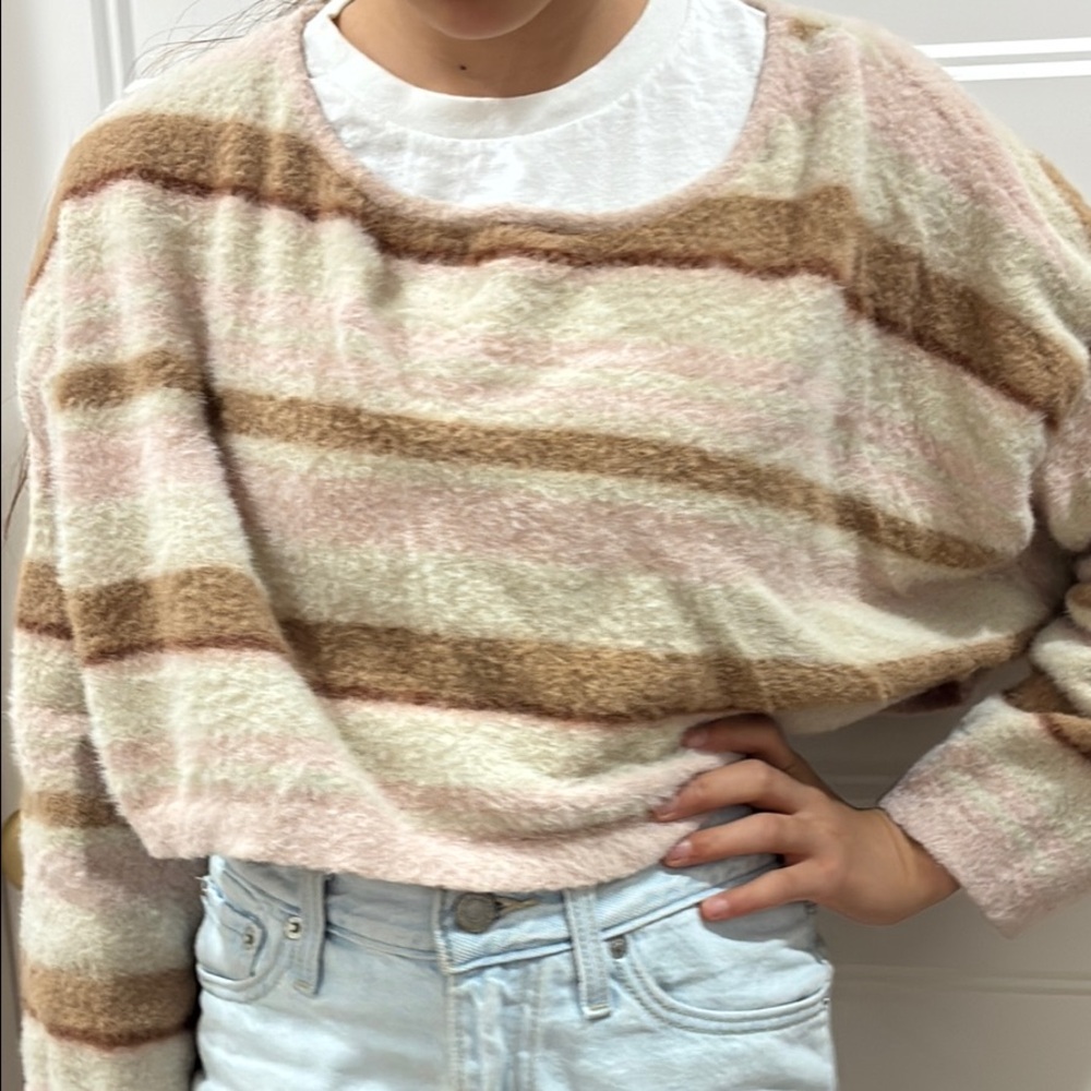 Cream, Pink, and Brown Fuzzy Cropped Sweater